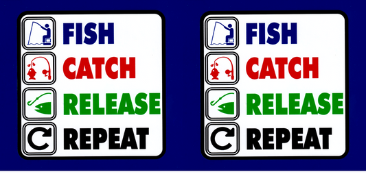 'Fish catch release repeat' vinyl stickers 150mm