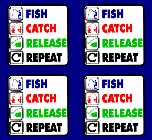 'Fish catch release repeat' vinyl stickers 100mm